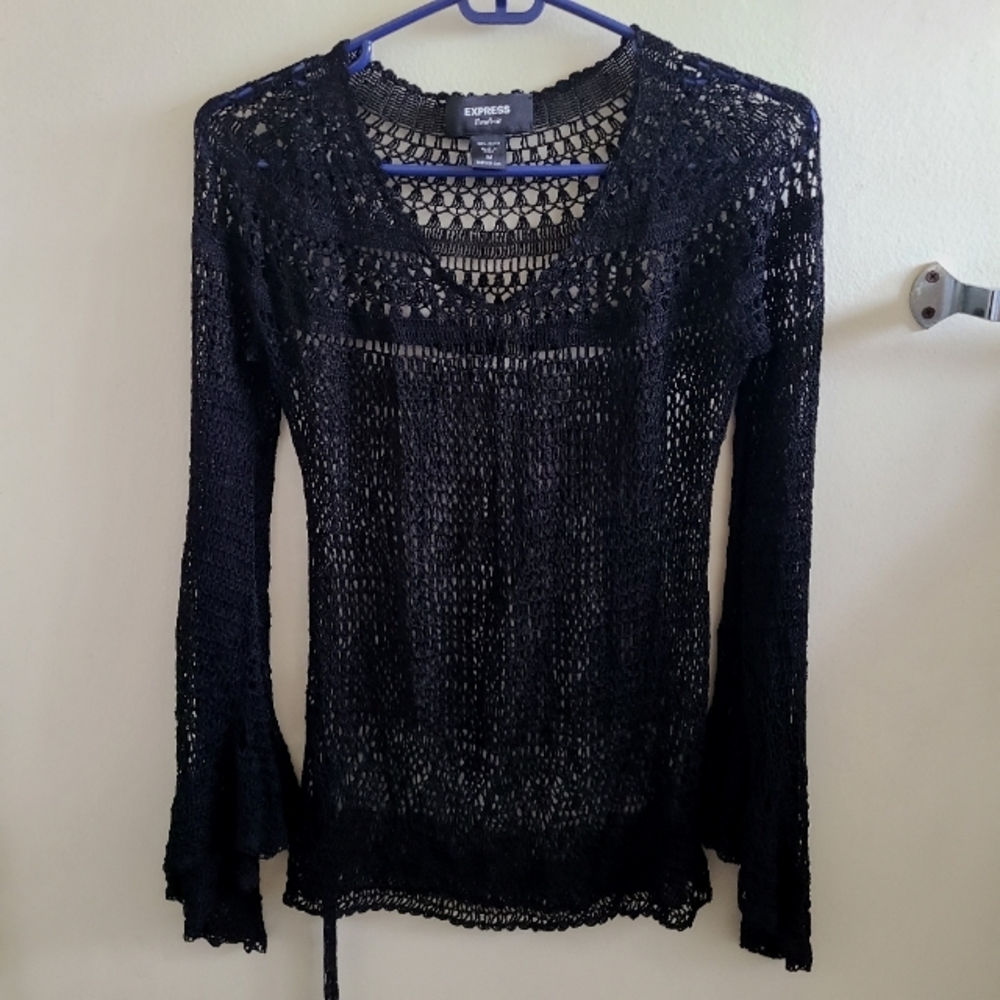 Express Y2K Black Crochet Long Bell Sleeve Top